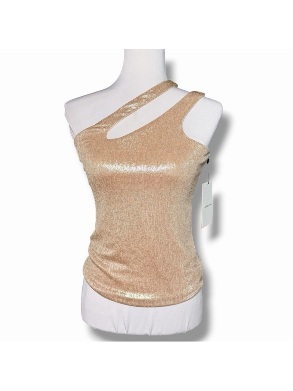 Marcella NYC NWT Siren One Shoulder Beige Metallic Top Small Sleeveless NEW Chic